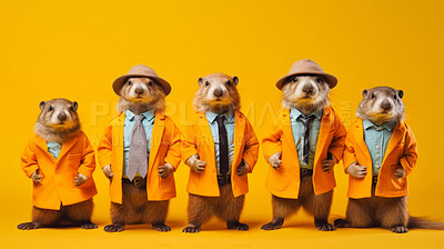 Beavers wearing human clothes. Abstract art background copyspace concept.