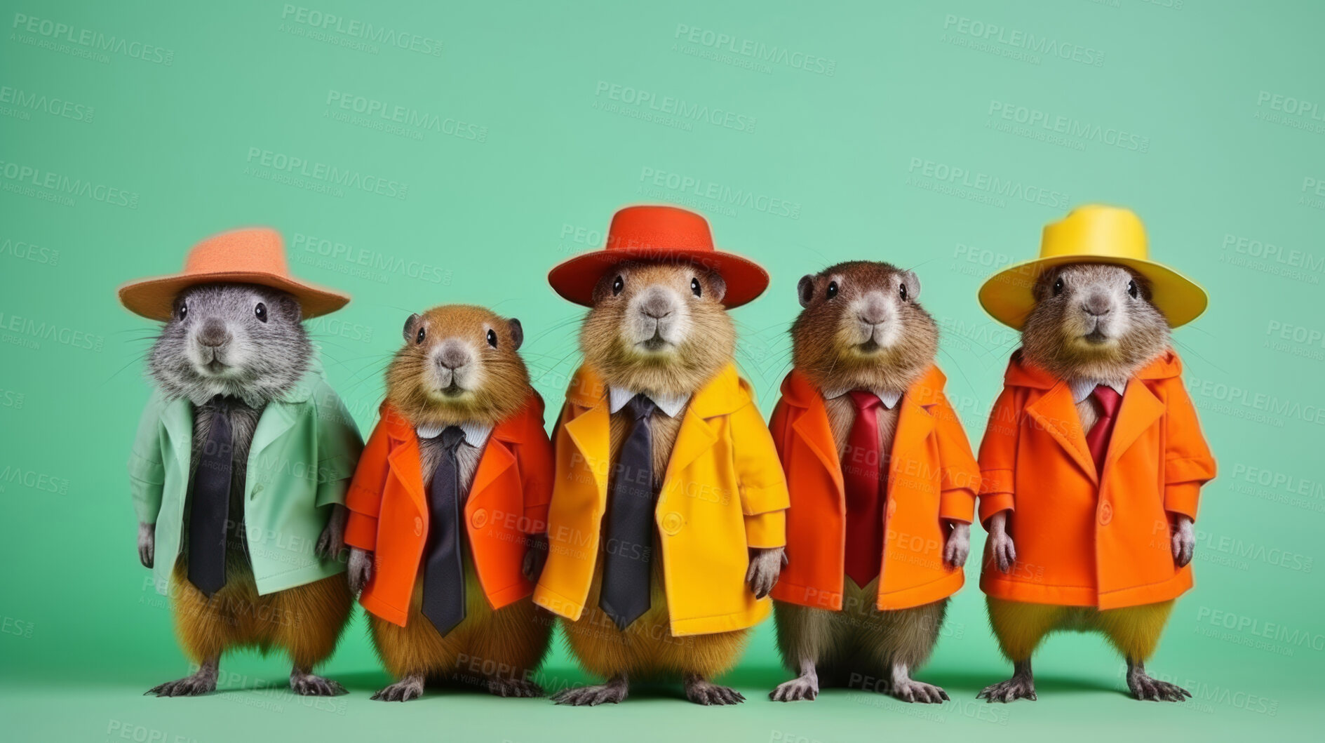 Buy stock photo Beavers wearing human clothes. Abstract art background copyspace concept.