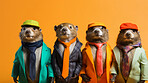 Beavers wearing human clothes. Abstract art background copyspace concept.