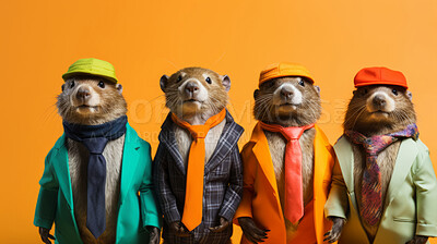 Beavers wearing human clothes. Abstract art background copyspace concept.