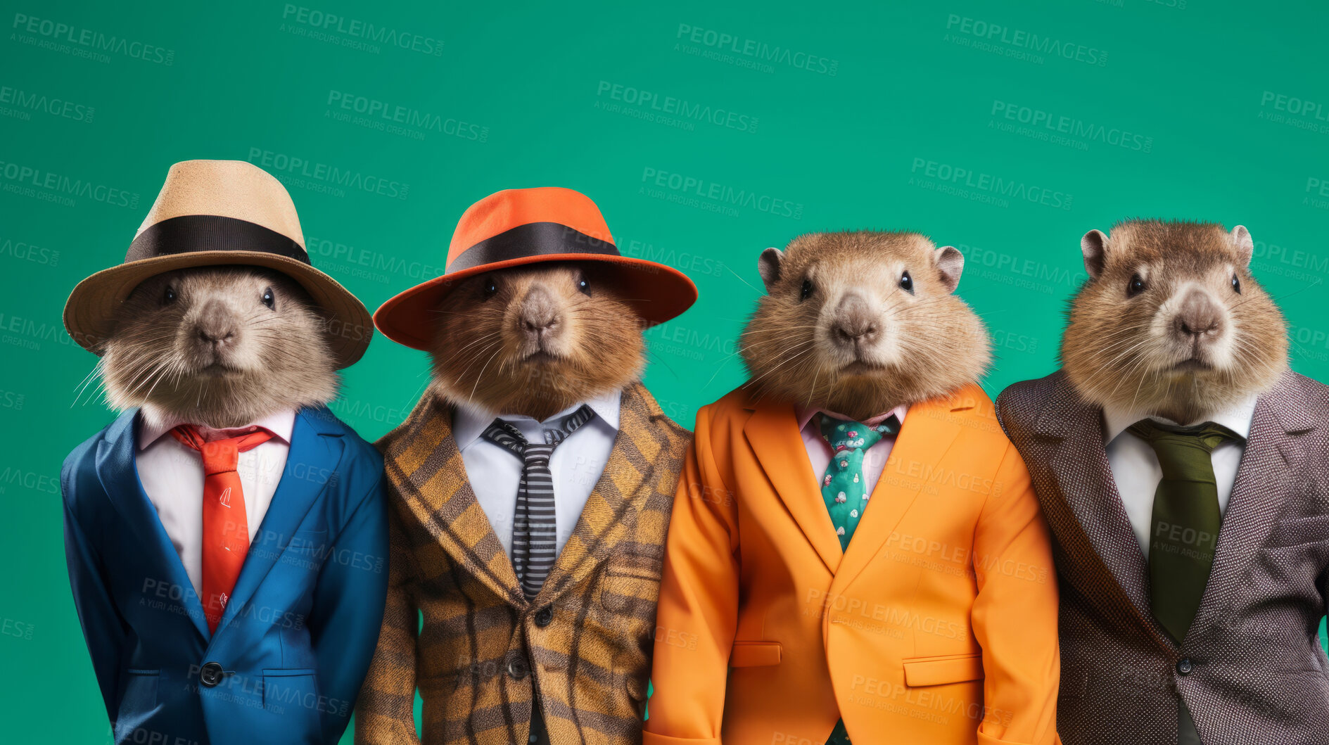 Buy stock photo Beavers wearing human clothes. Abstract art background copyspace concept.