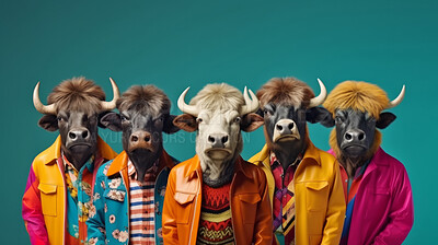 Buffalos wearing human clothes. Abstract art background copyspace concept.