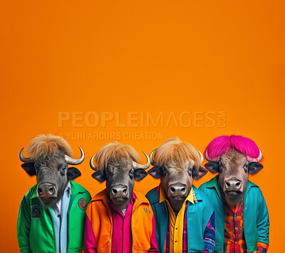 Buffalos wearing human clothes. Abstract art background copyspace concept.