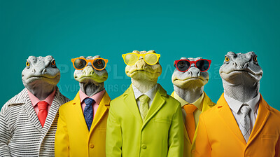 Alligators wearing human clothes. Abstract art background copyspace concept.