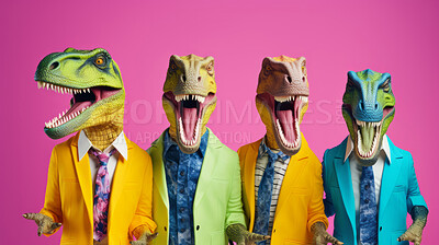 Dinosaurs wearing human clothes. Abstract art background copyspace concept.