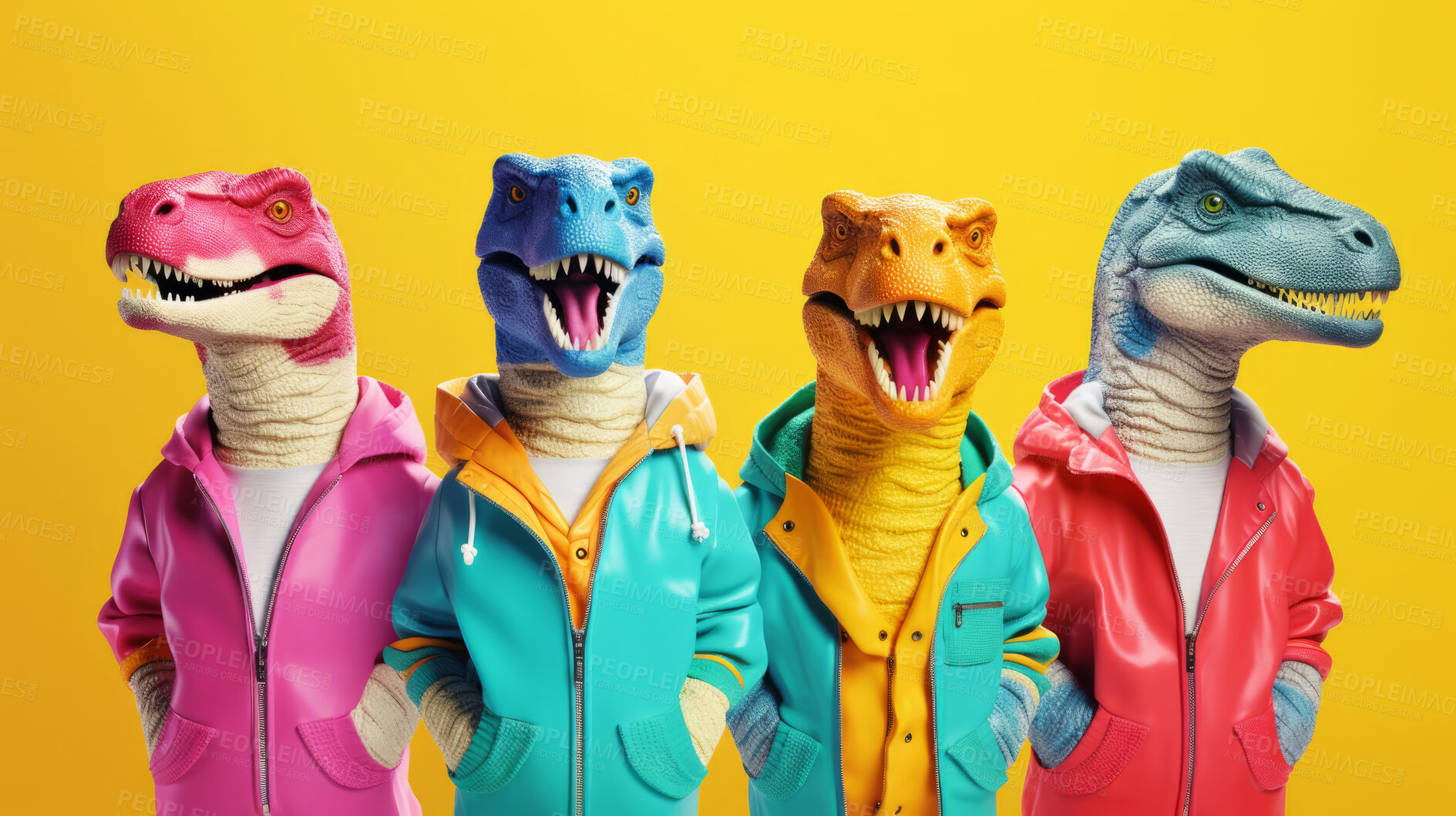 Buy stock photo Dinosaurs wearing human clothes. Abstract art background copyspace concept.