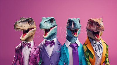 Dinosaurs wearing human clothes. Abstract art background copyspace concept.