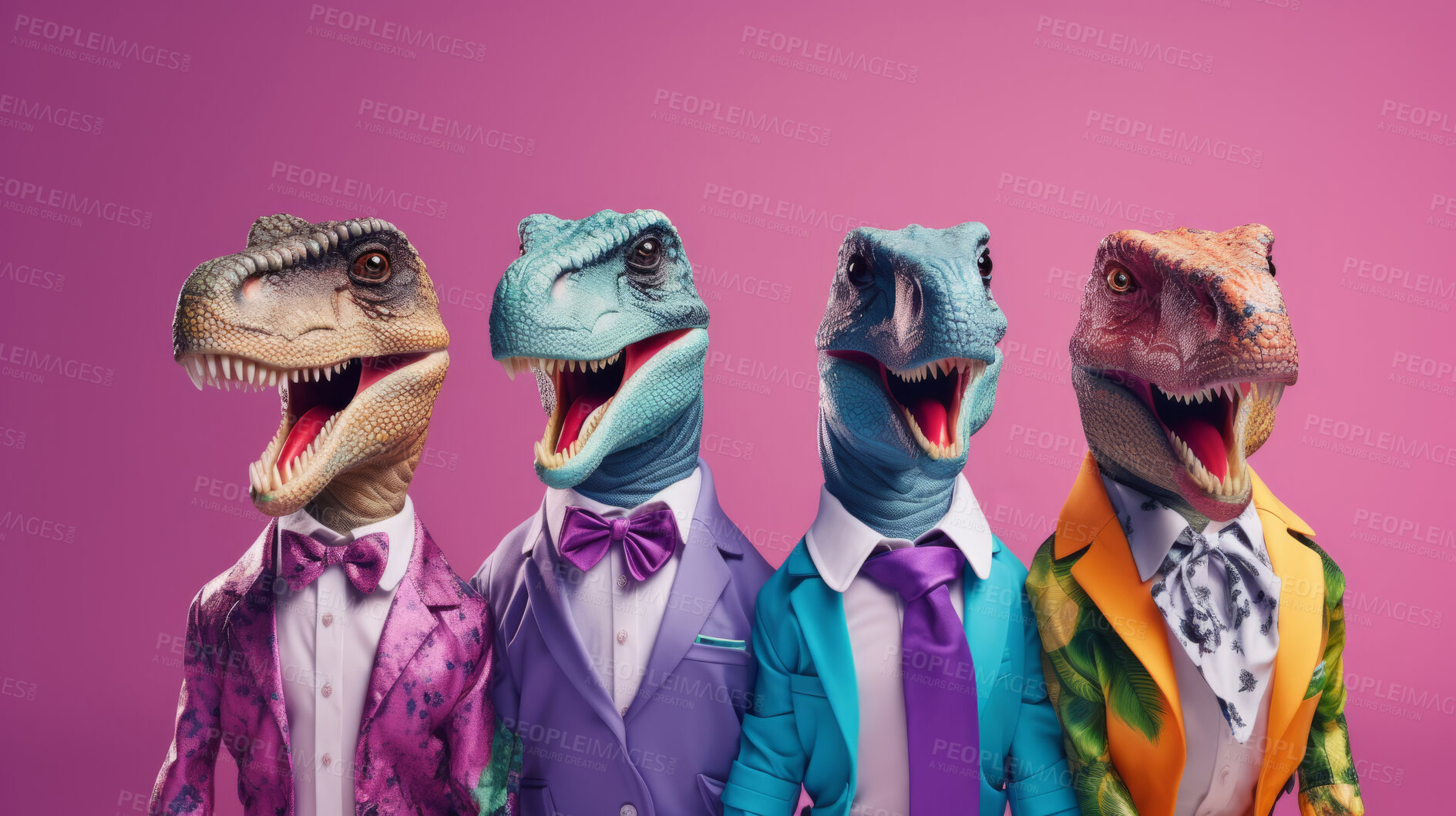 Buy stock photo Dinosaurs wearing human clothes. Abstract art background copyspace concept.