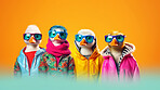 Ducks wearing human clothes. Abstract art background copyspace concept.