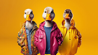 Ducks wearing human clothes. Abstract art background copyspace concept.
