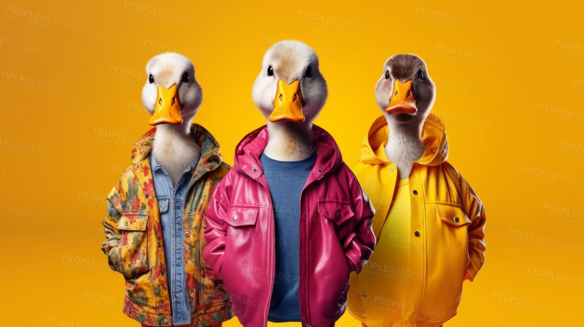 Buy stock photo Ducks wearing human clothes. Abstract art background copyspace concept.