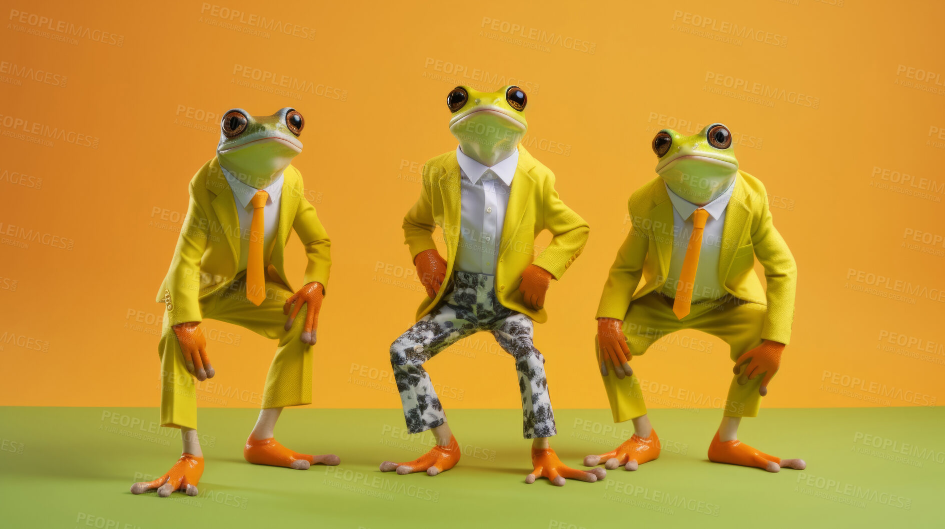 Buy stock photo Frogs wearing human clothes. Abstract art background copyspace concept.