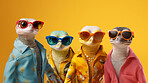 Geckos wearing human clothes. Abstract art background copyspace concept.