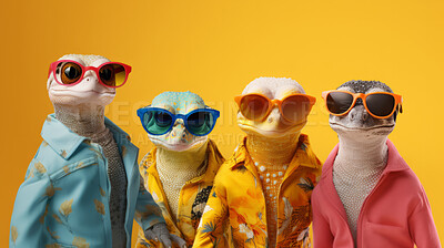 Geckos wearing human clothes. Abstract art background copyspace concept.