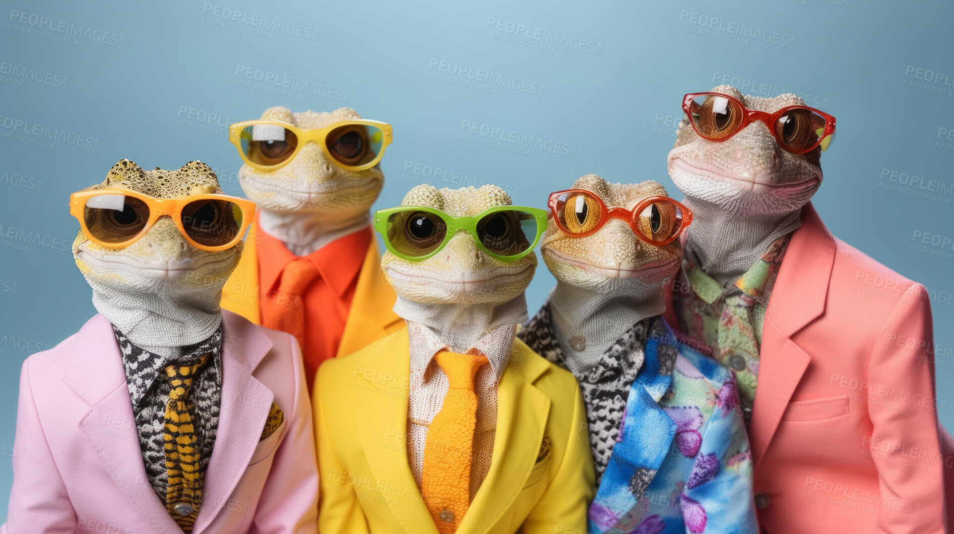 Buy stock photo Geckos wearing human clothes. Abstract art background copyspace concept.