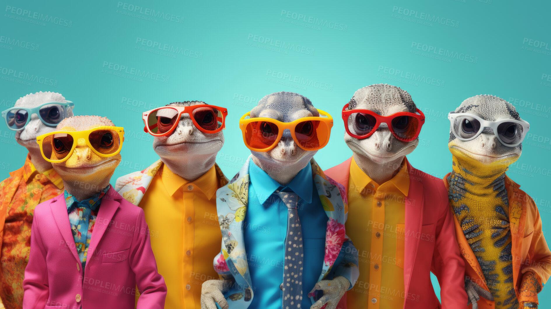 Buy stock photo Geckos wearing human clothes. Abstract art background copyspace concept.