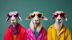 Goats wearing human clothes. Abstract art background copyspace concept.