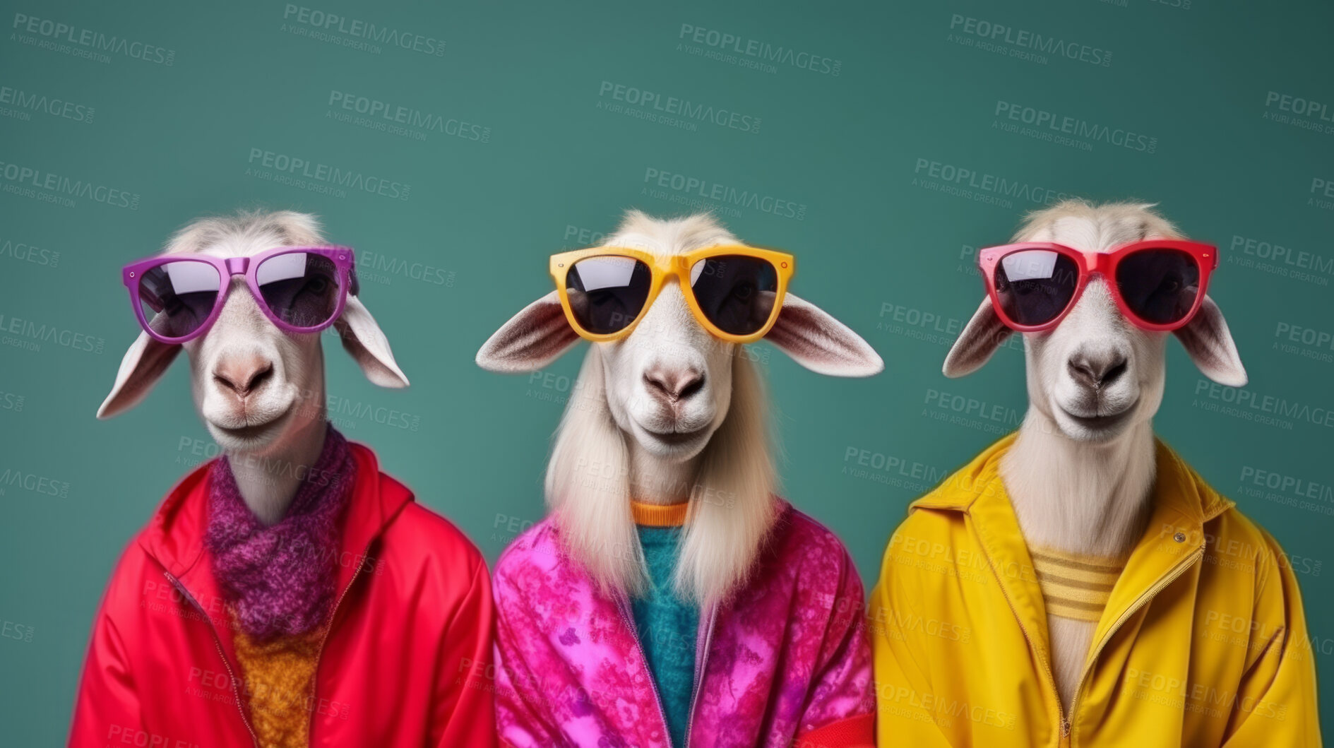 Buy stock photo Goats wearing human clothes. Abstract art background copyspace concept.