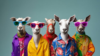 Goats wearing human clothes. Abstract art background copyspace concept.