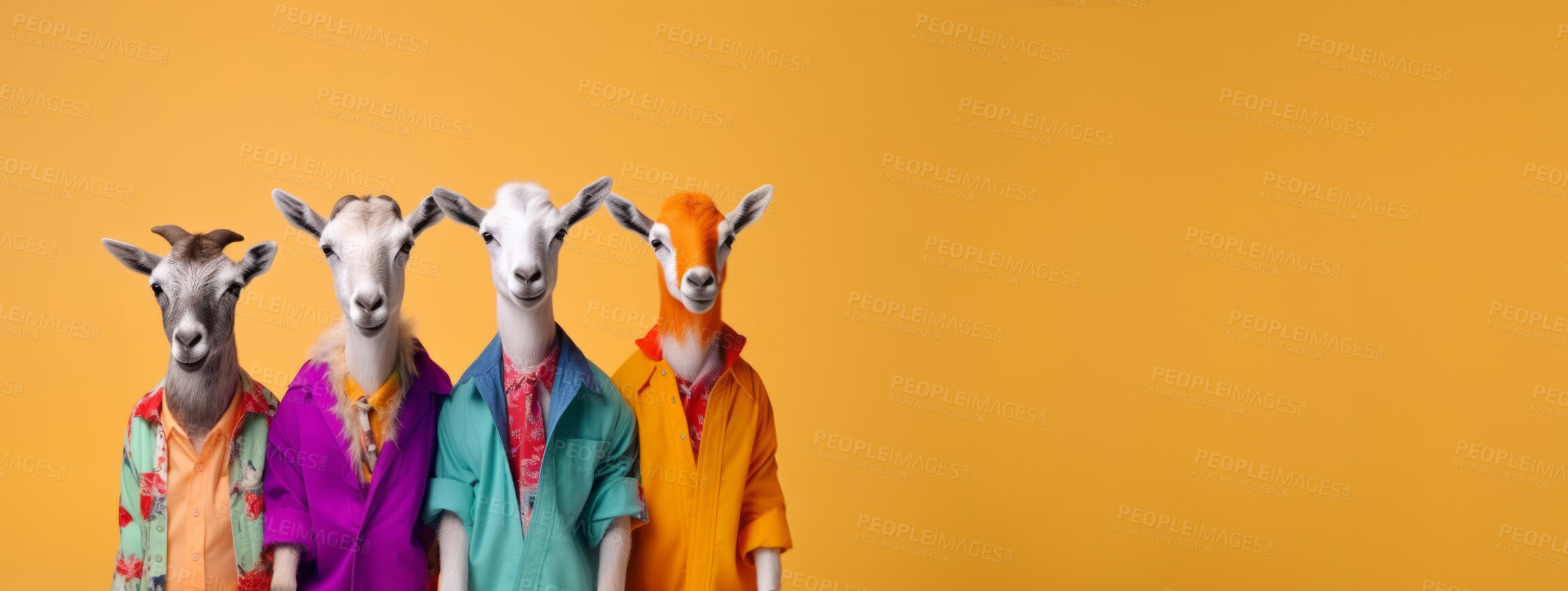 Buy stock photo Goats wearing human clothes. Abstract art background copyspace concept.