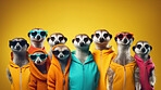 Meerkat wearing human clothes. Abstract art background copyspace concept.