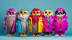 Owls wearing human clothes. Abstract art background copyspace concept.