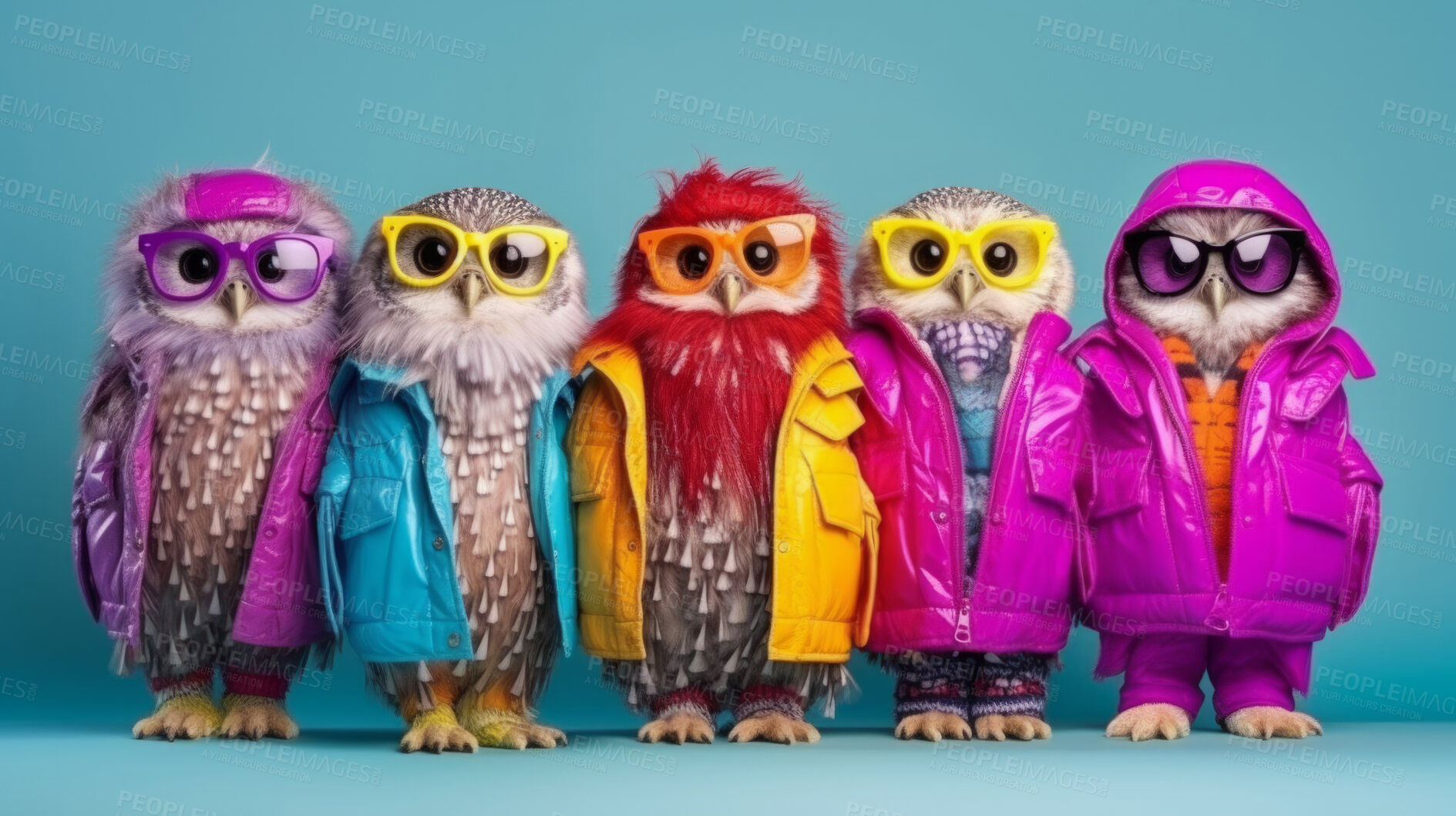 Buy stock photo Owls wearing human clothes. Abstract art background copyspace concept.