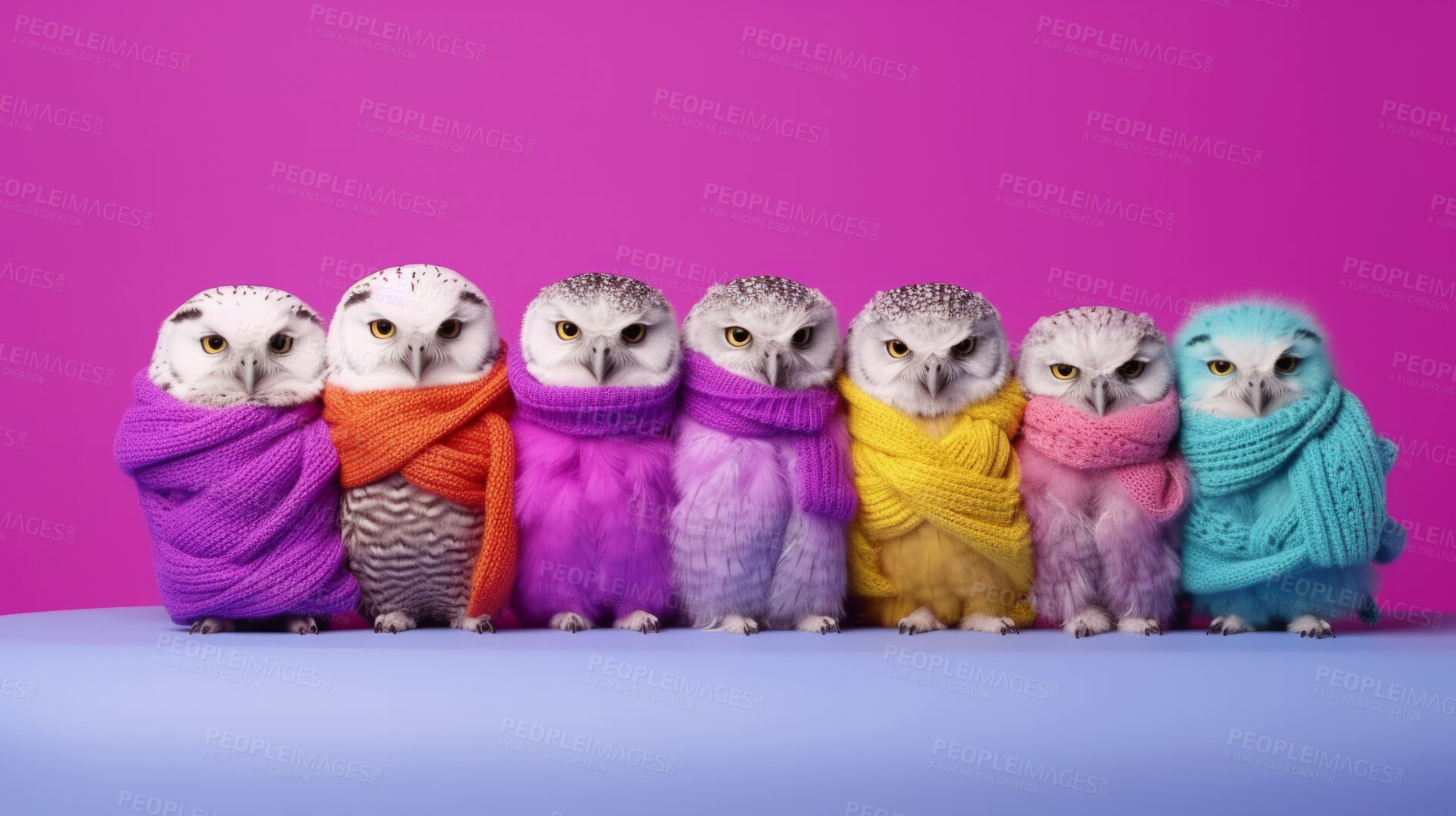 Buy stock photo Owls wearing human clothes. Abstract art background copyspace concept.