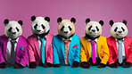 Pandas wearing human clothes. Abstract art background copyspace concept.