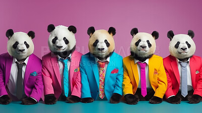 Pandas wearing human clothes. Abstract art background copyspace concept.