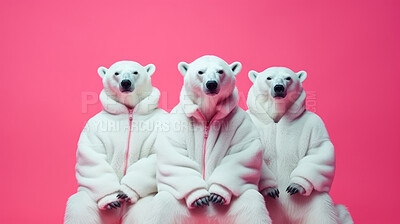 Polar bears wearing human clothes. Abstract art background copyspace concept.