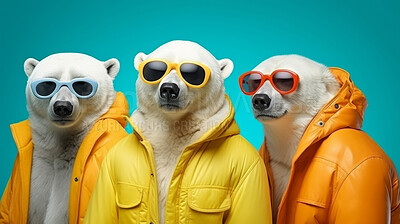 Polar bears wearing human clothes. Abstract art background copyspace concept.