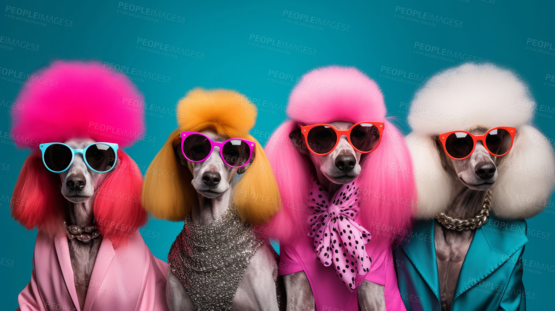 Buy stock photo Poodles wearing human clothes. Abstract art background copyspace concept.