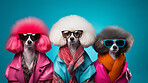 Poodles wearing human clothes. Abstract art background copyspace concept.