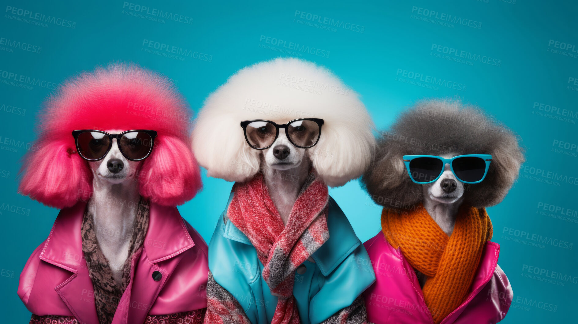 Buy stock photo Poodles wearing human clothes. Abstract art background copyspace concept.