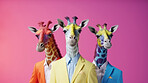 Giraffes wearing human clothes. Abstract art background copyspace concept.