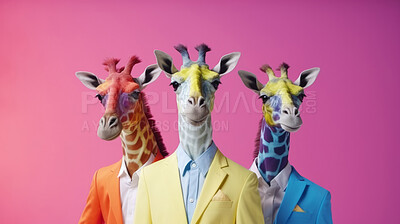Giraffes wearing human clothes. Abstract art background copyspace concept.
