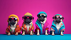 Pugs wearing human clothes. Abstract art background copyspace concept.