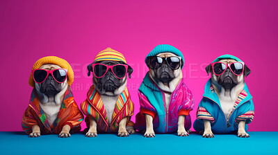 Pugs wearing human clothes. Abstract art background copyspace concept.