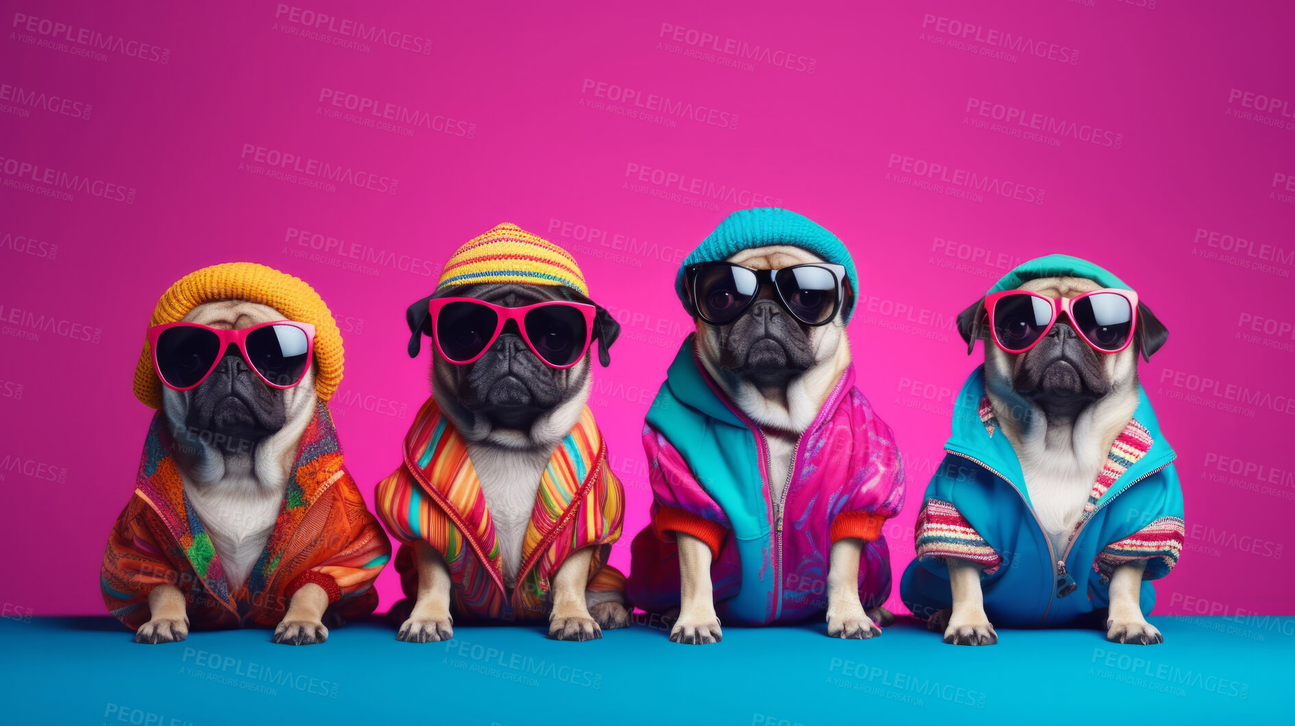 Buy stock photo Pugs wearing human clothes. Abstract art background copyspace concept.