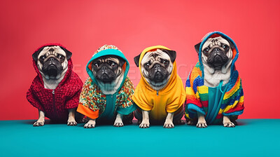Pugs wearing human clothes. Abstract art background copyspace concept.