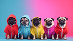 Pugs wearing human clothes. Abstract art background copyspace concept.