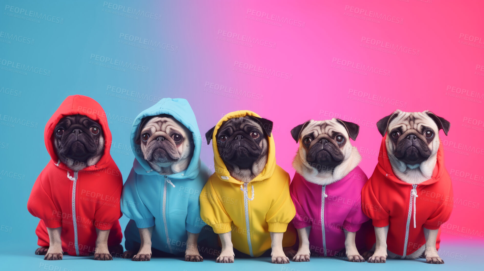 Buy stock photo Pugs wearing human clothes. Abstract art background copyspace concept.