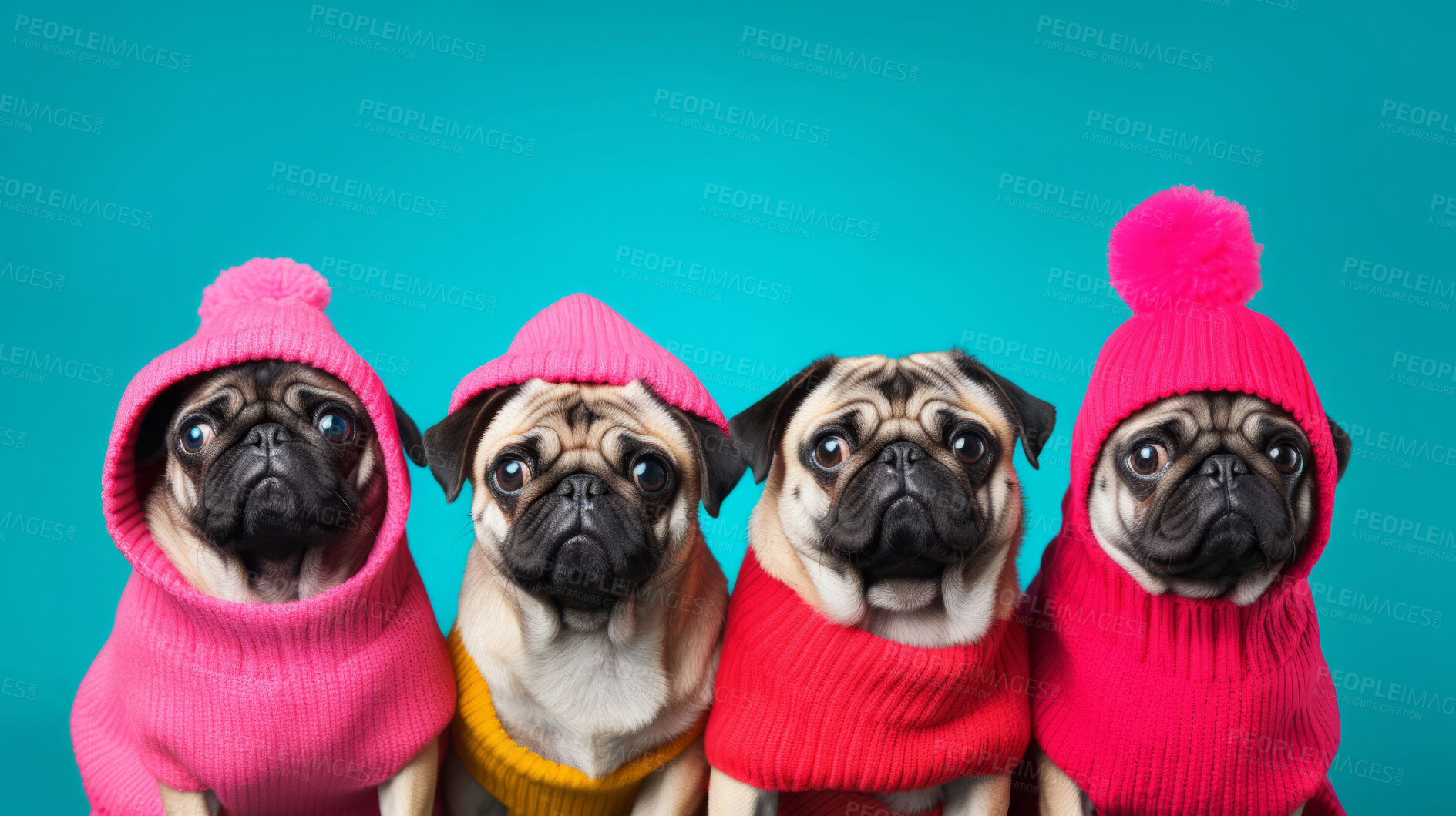 Buy stock photo Pugs wearing human clothes. Abstract art background copyspace concept.