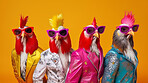 Chickens wearing human clothes. Abstract art background copyspace concept.