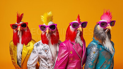 Chickens wearing human clothes. Abstract art background copyspace concept.