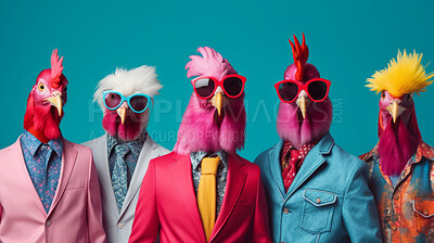 Chickens wearing human clothes. Abstract art background copyspace concept.