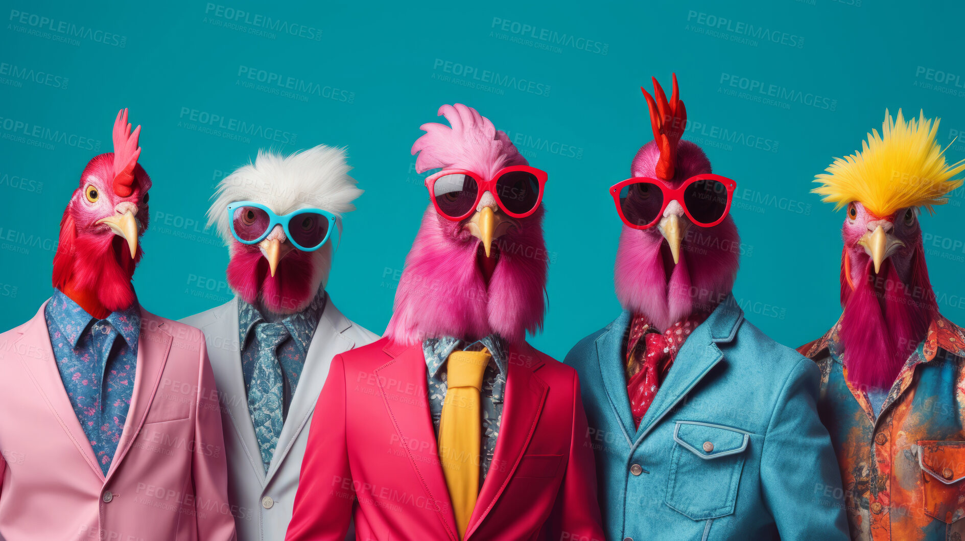 Buy stock photo Chickens wearing human clothes. Abstract art background copyspace concept.