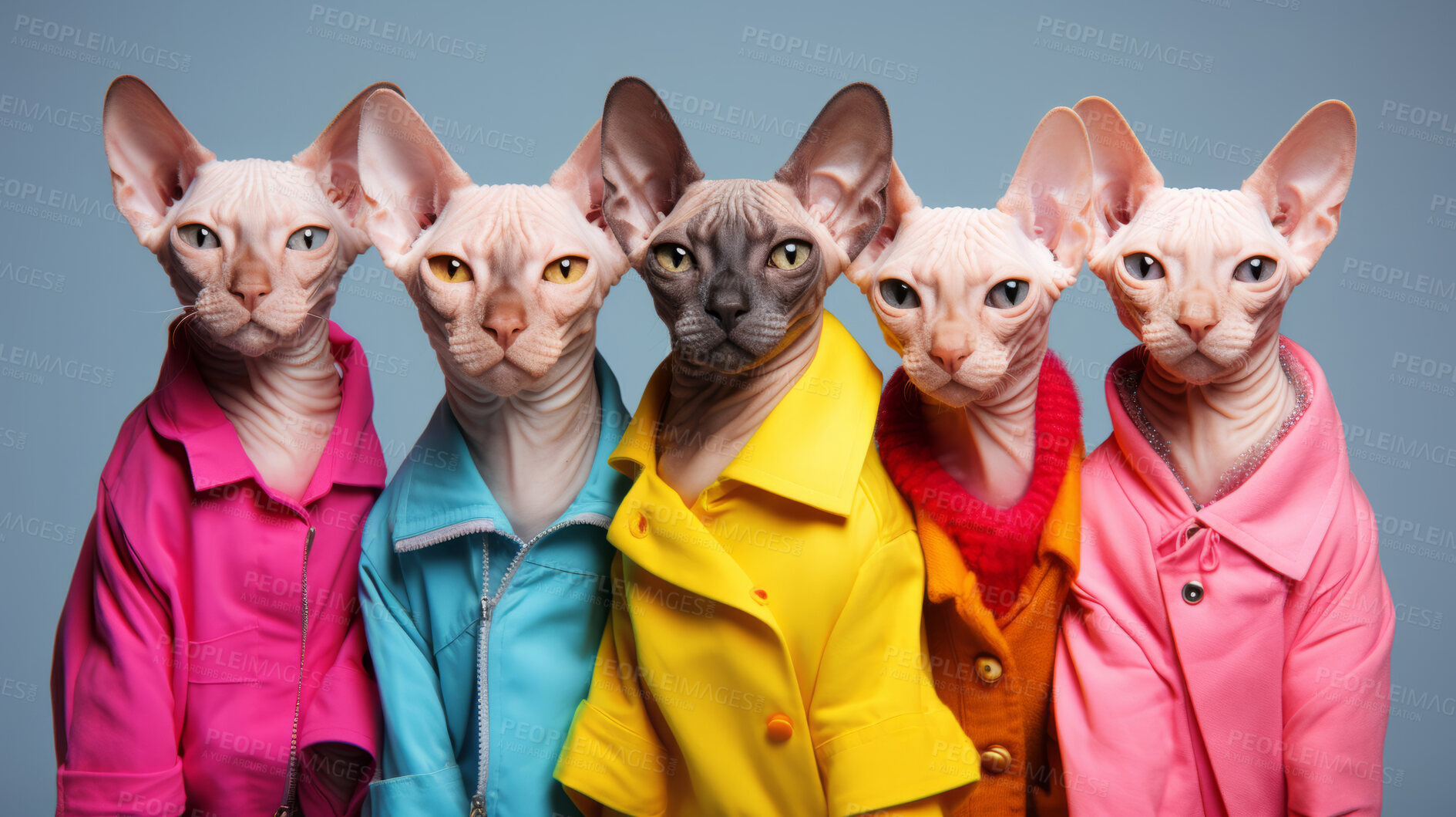 Buy stock photo Sphynx cat wearing human clothes. Abstract art background copyspace concept.