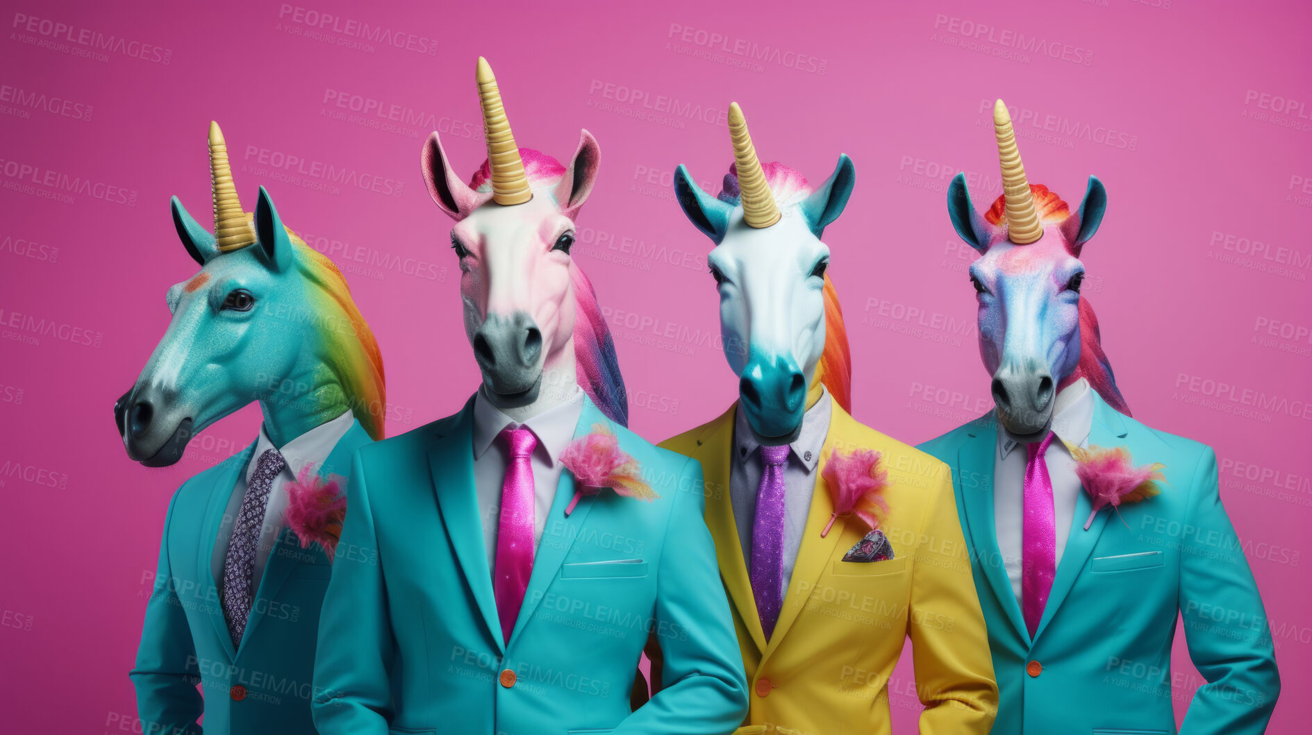 Buy stock photo Unicorns wearing human clothes. Abstract art background copyspace concept.